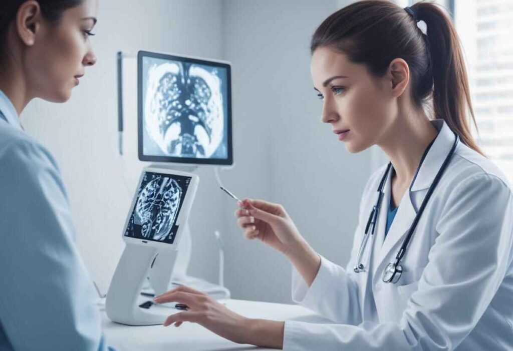 AI-enhanced diagnostic accuracy in digital health: AI analyzing medical images for precise diagnosis.