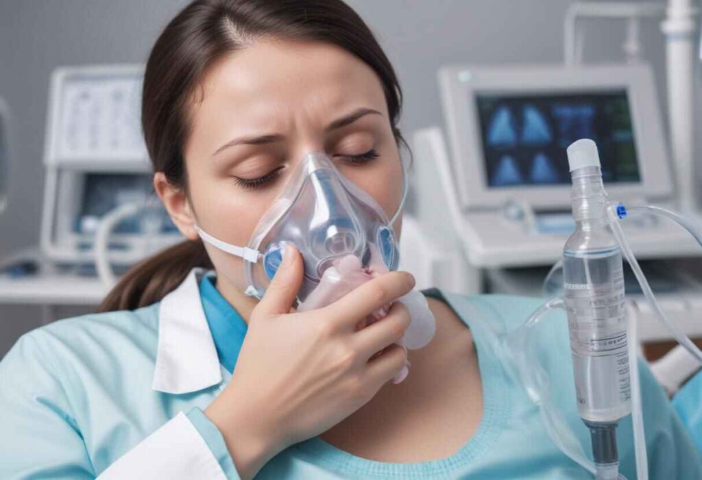 Emergency room scene with medical staff attending to a patient with acute hypoxic respiratory failure, providing oxygen support.