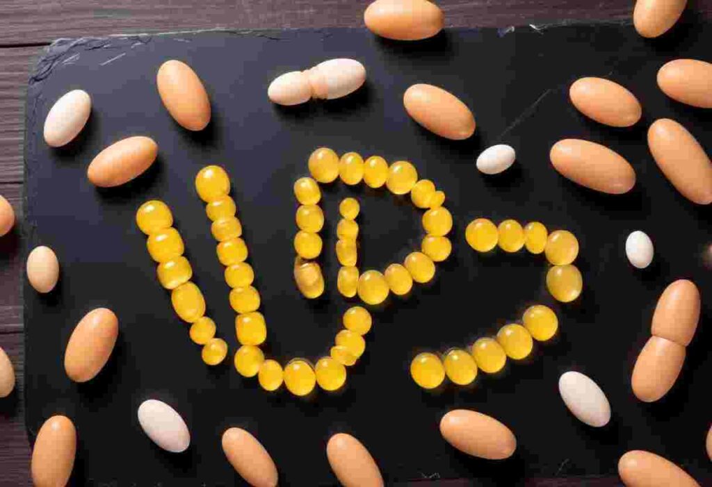 Various Vitamin D supplements in pill and liquid forms on a table.