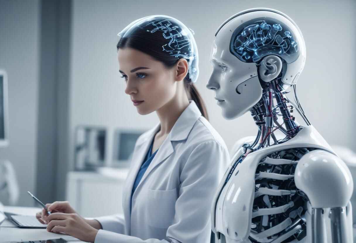 A doctor and a robot shaking hands, symbolizing the collaboration between artificial intelligence in healthcare professionals in transforming medical practices.