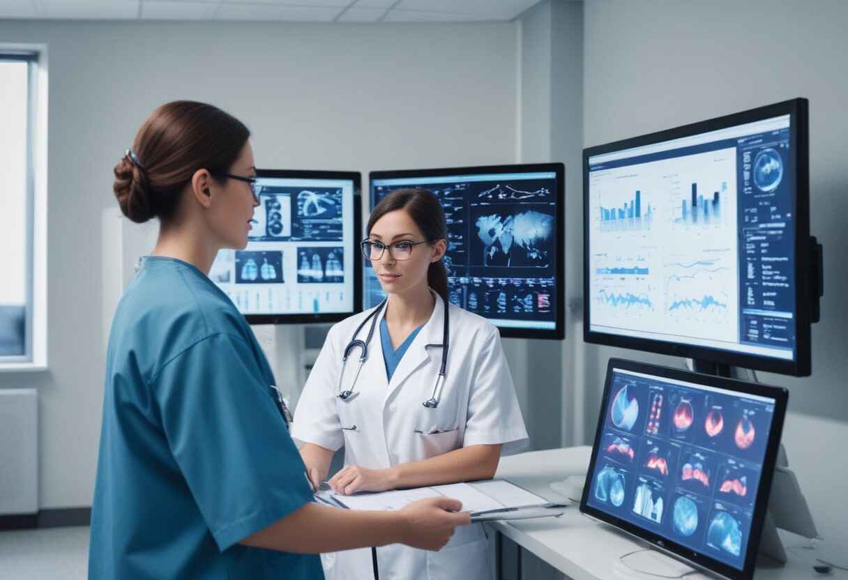 Picture IoMT devices in a hospital, showing how they share data and do analysis.