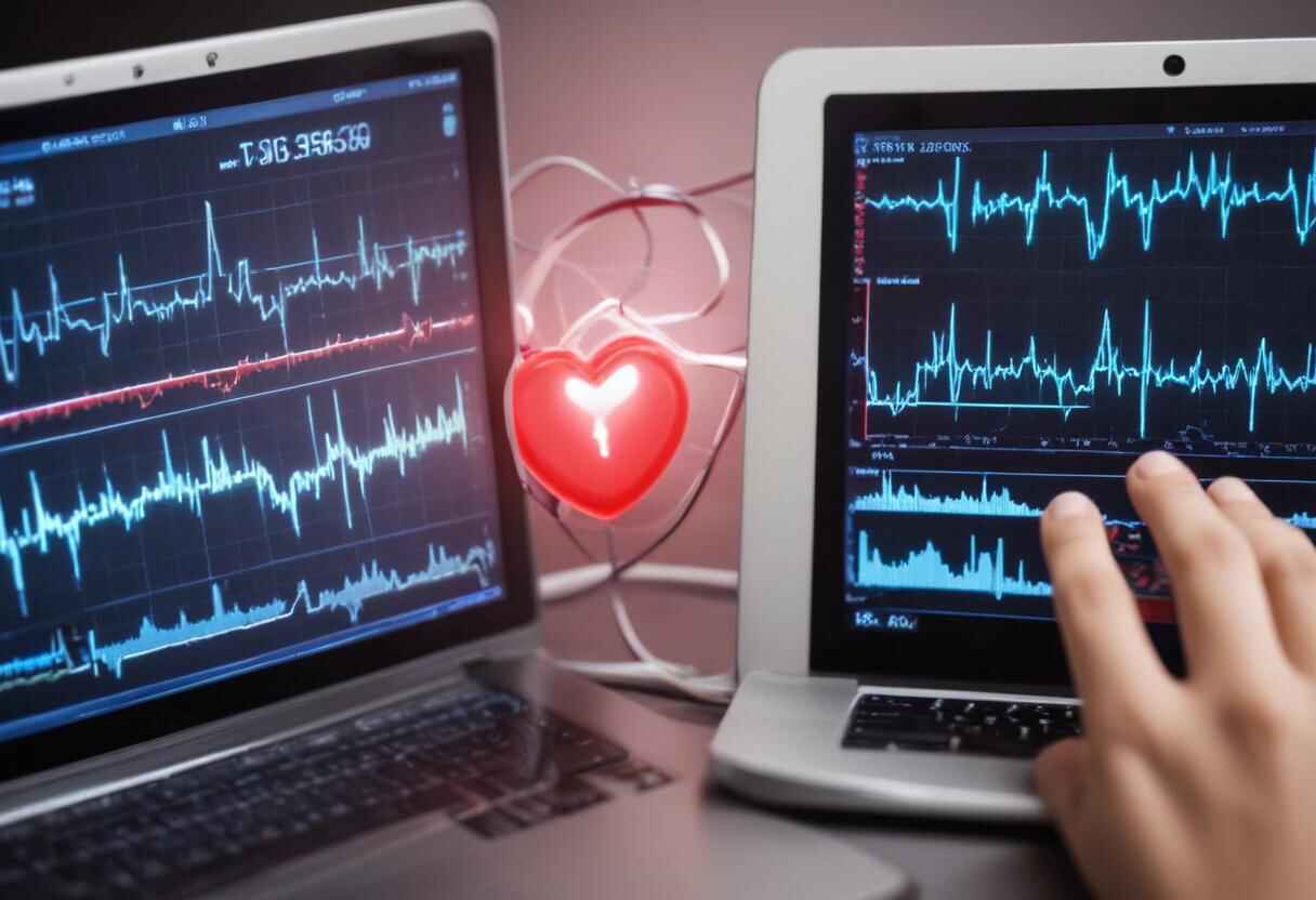 A person using a portable ECG heart monitoring device at home.