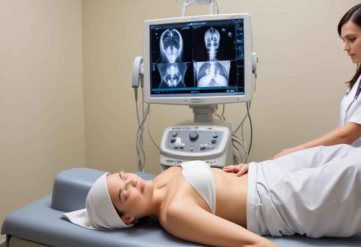 A group of students and a teacher in an ultrasound training classroom learning how to use ultrasound machines.