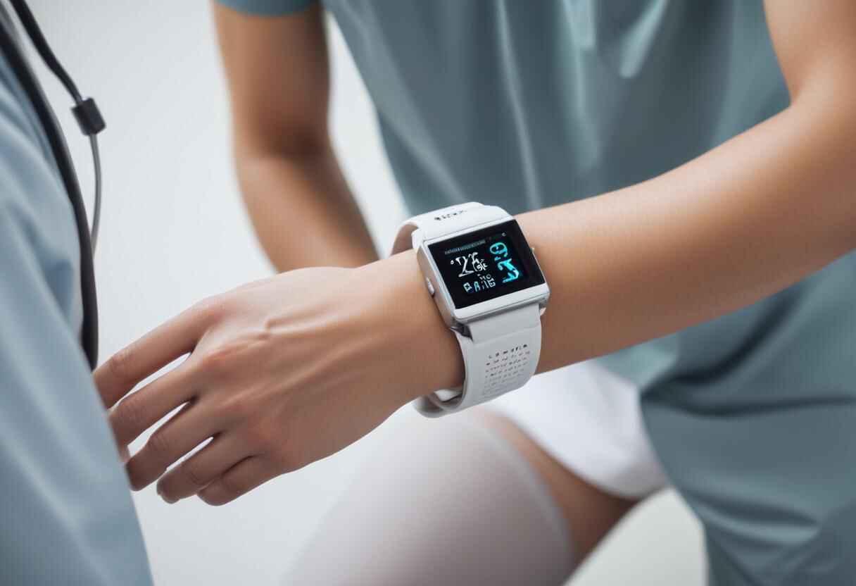 Wearable devices used for patient monitoring, including smartwatches and medical sensors, displaying real-time health data.